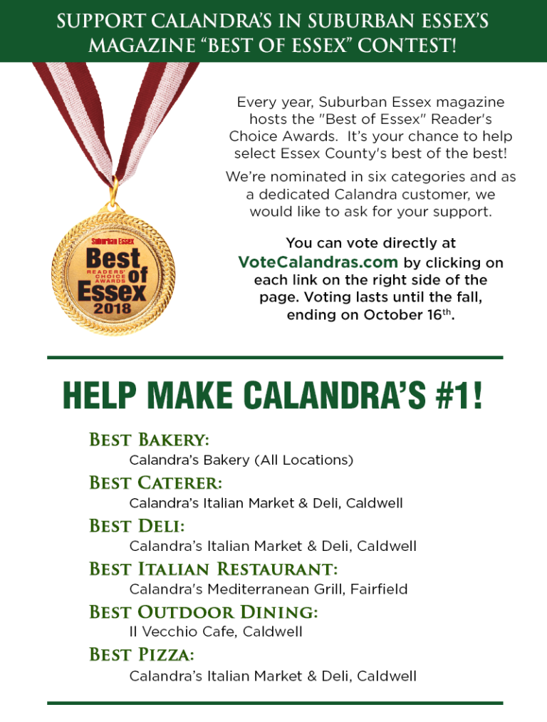 Best of Essex 2018 \"Vote for Calandra\'s\" flyer